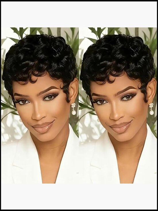 Pixie Cut Curly Human Hair Wig Glueless Wear and Go Short Layered Bangs main image 4